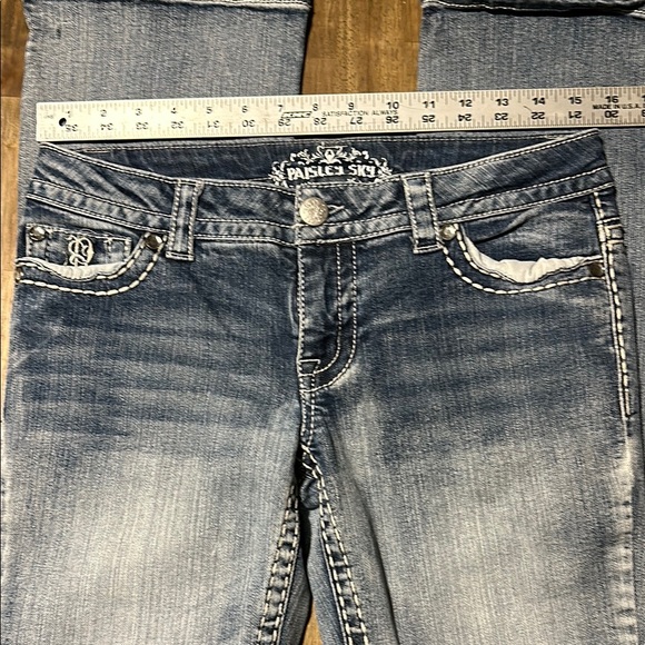 Paisley Sky Blue Boot Cut Jeans with Embroidery and Distressed Details. Size 6 - Picture 8 of 13